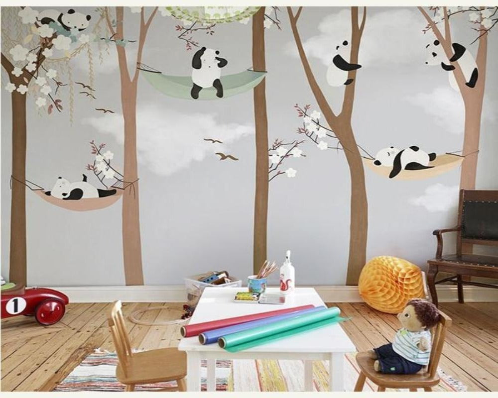 3D Wallpaper Cartoon Panda Trees